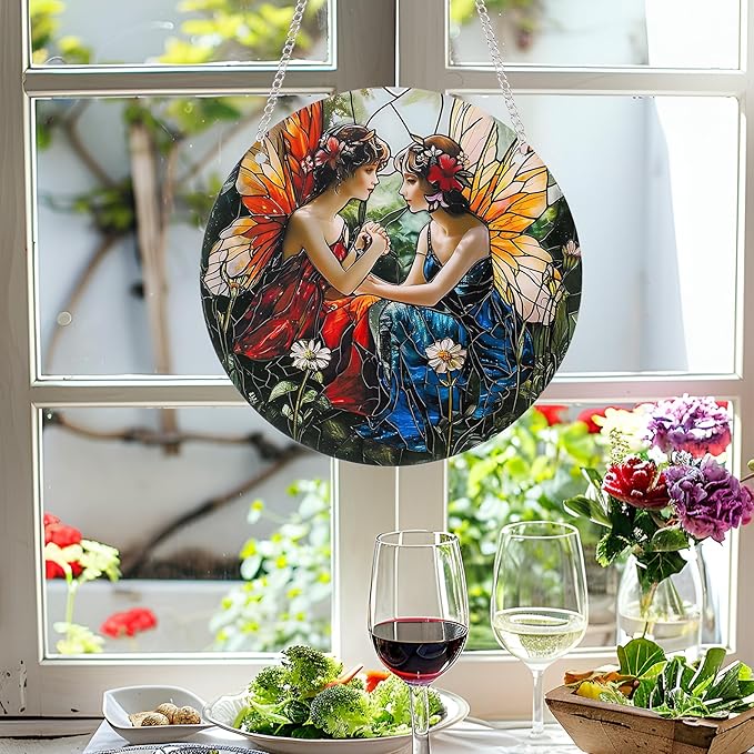 Butterfly Girl Fairy Suncatcher Acrylic Flower Fairy Window Hanging Stained Sun Catchers Indoor Window Decor with Chain Home Garden Decoration 7.8 inch YKA188 (B)