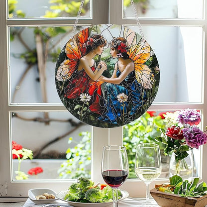 Butterfly Girl Fairy Suncatcher Acrylic Flower Fairy Window Hanging Stained Sun Catchers Indoor Window Decor with Chain Home Garden Decoration 7.8 inch YKA188 (B)