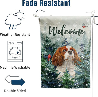 Welcome Winter Garden Flags Cavalier King Charles Spaniel Garden Flag Cardinal Birds on Snowy Pine Tree Flag Dog Yard Flags for Outside 12x18 Double Sided Christmas Decorative Lawn Flags