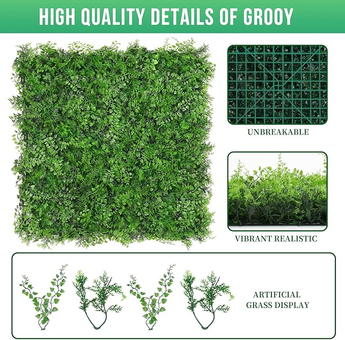 Grooy 20"x20" Artificial Hedge Grass Wall, 8PCS Boxwood Panels, Greenery Backdrop Panles, UV Protected Privacy Fence Screen, Green Wall Decor for Outdoor Indoor Wedding Décor
