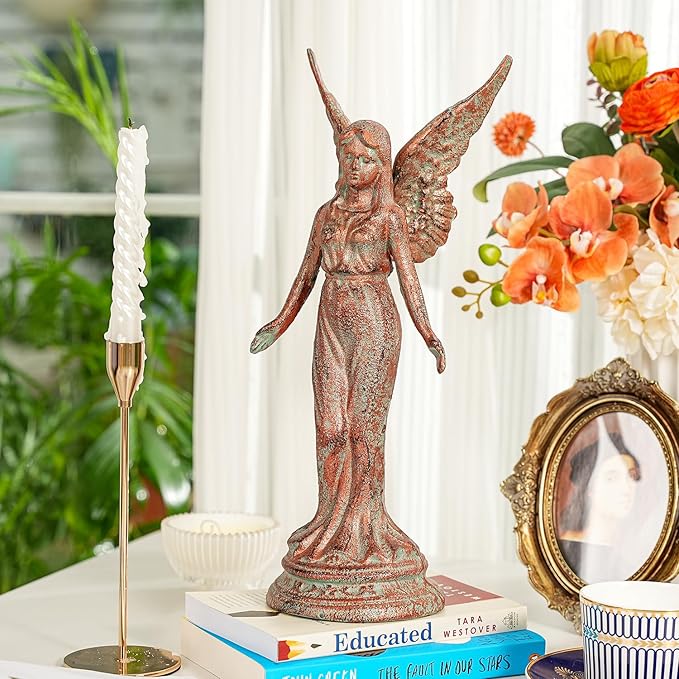 Sungmor Vintage Cast Iron Angel Statue - Rustic Decorative Figurine for Garden, Shelf or Mantel - 15.3" Tall Heavy Duty Patina Finish, Indoor/Outdoot Angel Sculpture