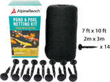 AlpineReach Koi Pond Netting Kit 7 x 10 ft Black Heavy Duty Woven Fine Mesh Net Cover for Leaves - Protects Koi Fish from Blue Heron Birds, Cats & Predators – Reusable & Stakes Included