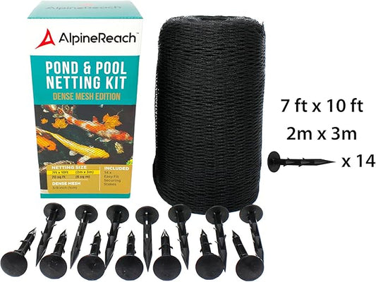 AlpineReach Koi Pond Netting Kit 7 x 10 ft Black Heavy Duty Woven Fine Mesh Net Cover for Leaves - Protects Koi Fish from Blue Heron Birds, Cats & Predators – Reusable & Stakes Included