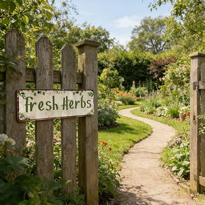 Herb Garden Signs for Outside Funny Gardening Metal Tin Sign Rustic Outdoor Fresh Herbs Sign for Farm Yard Herb Garden Home Wall Art Decor, Weatherproof Metal Garden Signs for Outside 4×16 Inch