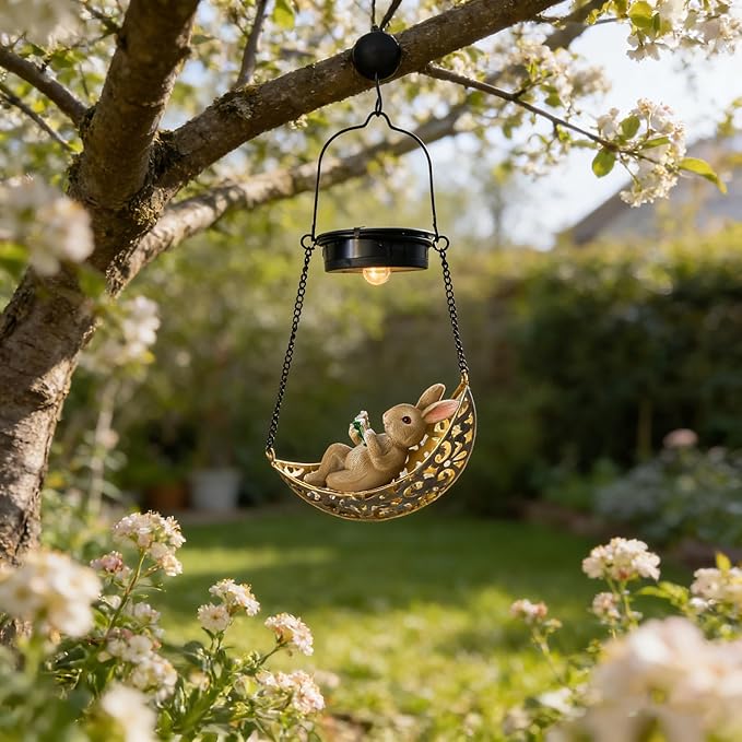 Solar Hanging Garden Lantern with Bunny Decoration,Solar Hanging Statue Light,Outdoor Hanging Decorations for Garden, Fence, Porch, Patio, Yard Decor