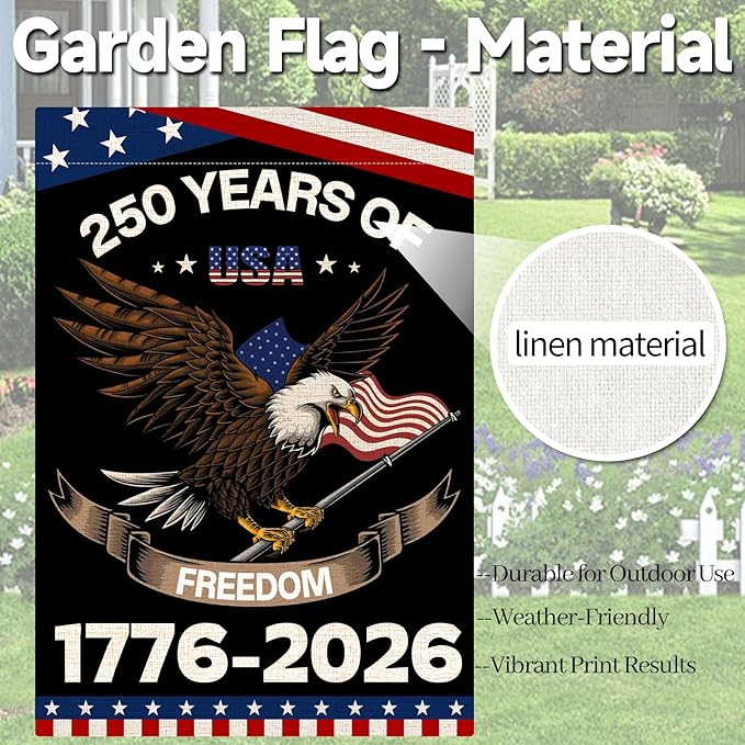 250 Anniversary America Garden Flag, 250th Anniversary USA Patriotic Double-Sided Banner, Double-Sided Burlap, 1776-2026 Semiquincentennial Commemorative, Suitable for Outdoor Lawn Decor (A2-L-28x40 Inch)
