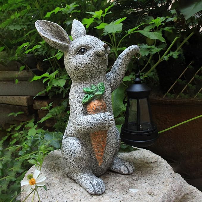 Garden Statues Rabbit Solar Lantern Outdoor Handmade Resin Statue Bunny with Cute Carrot for Patio, Yard, Mother's Day Gift Ideas