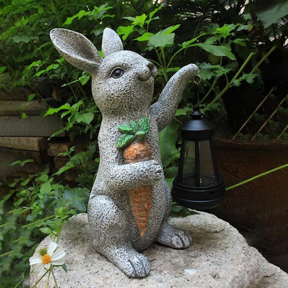 Garden Statues Rabbit Solar Lantern Outdoor Handmade Resin Statue Bunny with Cute Carrot for Patio, Yard, Mother's Day Gift Ideas