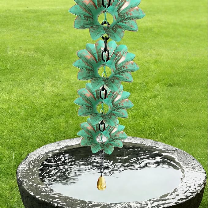 Rifachua 12 Cups Lotus Rain Chain for Gutters Downspouts Outside 8.5ft, Green Plated Bronze Lotus Rain Chain Cups, Functional and Decorative Replacement for Gutter Downspouts