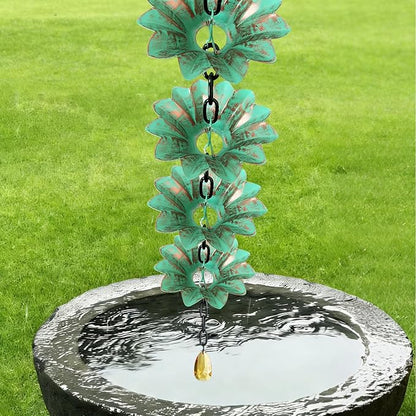 Rifachua 12 Cups Lotus Rain Chain for Gutters Downspouts Outside 8.5ft, Green Plated Bronze Lotus Rain Chain Cups, Functional and Decorative Replacement for Gutter Downspouts