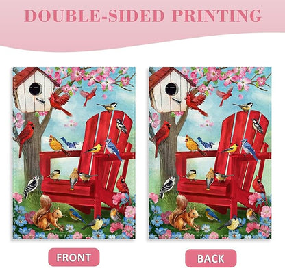 Spring Summer Red Chair Birds Decorative House Flag, Cardinal Blue Jay Squirrel Birdhouse Flowers Garden Yard Outside Decorations, Farmhouse Burlap Outdoor Large Home Decor Double Sided 28 x 40