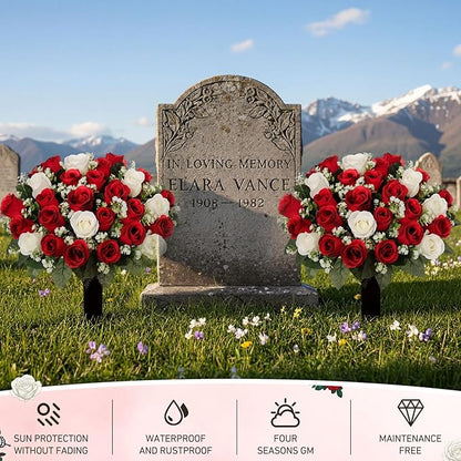 Frienda 2 Sets Cemetery Flowers Grave Stake Metal Floral Decor for Tombstone, Outdoor Gravesite Markers for Mom Dad, Memorial Day Spring Easter Grave Decor(Bouquet,Red,White)