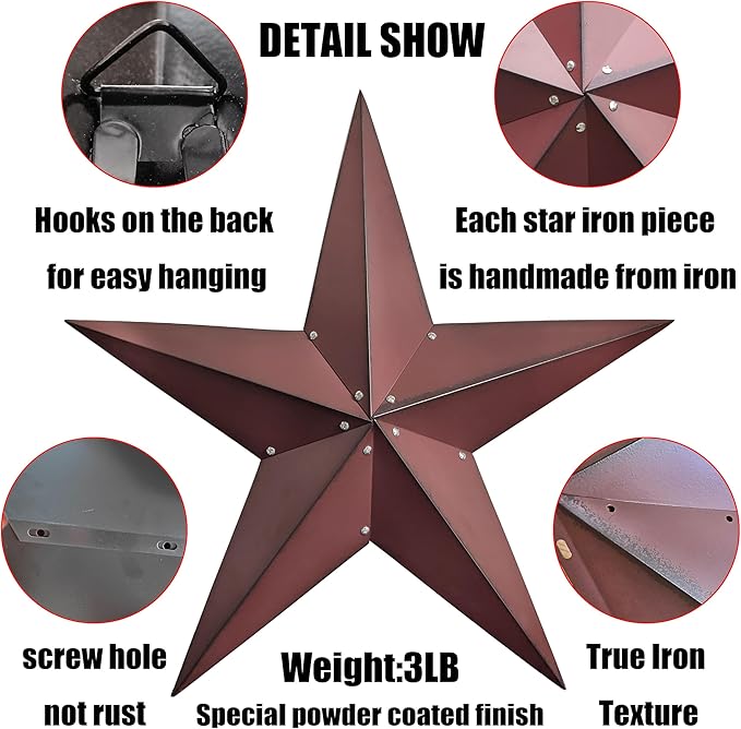 VIVICOMFY 36" Large Barn Star-Red Black Barn Star Outdoor Decoration-Metal Stars for Outside Texas Stars Art Rustic Vintage Western Country Home Farmhouse Primitive House Decor- Primitive Wall Décor