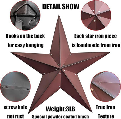 VIVICOMFY 36" Large Barn Star-Red Black Barn Star Outdoor Decoration-Metal Stars for Outside Texas Stars Art Rustic Vintage Western Country Home Farmhouse Primitive House Decor- Primitive Wall Décor