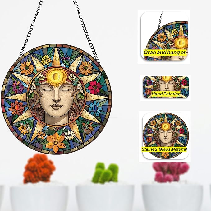 Stained Glass Window Hanging Sun Suncatcher 8 Inch, Indoor Outdoor Wall Art Home Decor, Sun Catchers, Birthday for Women Men