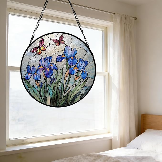 DASTOLL Stained Glass Window Hanging, Blue Iris Flowers Butterfly Suncatcher Diamond Colorful Glass Panel Sun Catchers Decor for Birthday for Women, Men, Wife, Aunt, and Mom 9.8 in
