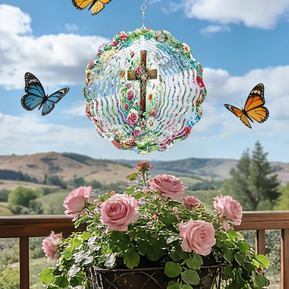 Hanging Wind Spinners Outdoor - Metal Cross Decor 3D Stainless Steel Wind Spinner for Patio Lawn Garden Indoor Balcony Kinetic Spinning Art Sculpture Birthday Gifts for Women Mom Grandma Wife