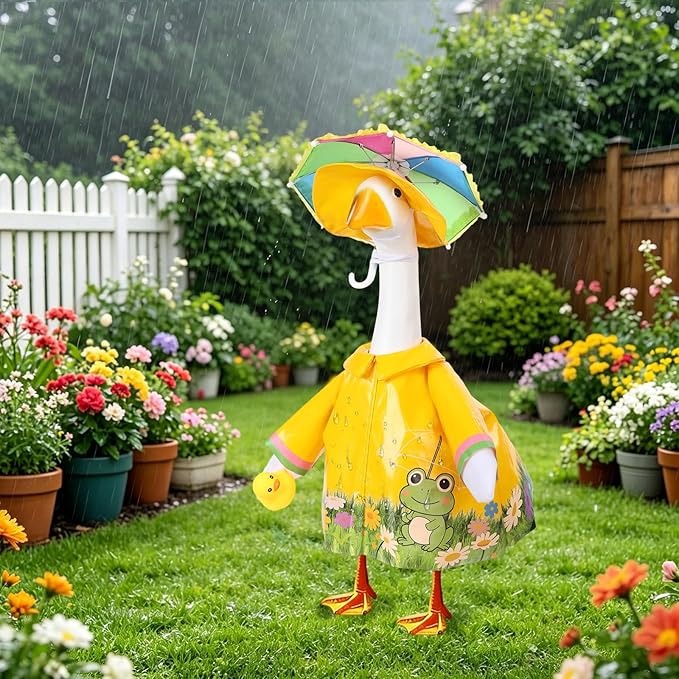 GJL Porch Goose Raincoat Outfit Fits 23 Inch Plastic Cement Goose Statue, Lawn Goose Clothes Set with Umbrella and Hat for Spring Summer Outdoor Yard Garden Decor
