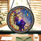 7.8" Moonlight Witch Suncatcher Stained Glass Window Hanging Mystical Witchy Sun Catchers Halloween Ornaments Wall Art Door Garden Room Home Decor Birthday for Teens Women