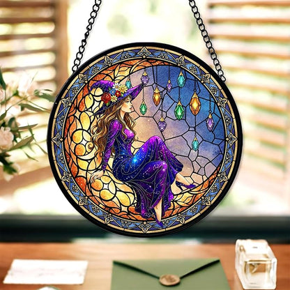 7.8" Moonlight Witch Suncatcher Stained Glass Window Hanging Mystical Witchy Sun Catchers Halloween Ornaments Wall Art Door Garden Room Home Decor Birthday for Teens Women