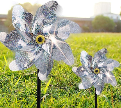 BATTIFE Reflective Pinwheels for Yard and Garden, Pre-Installed Sparkly Blind Birds Pin Wheel, Scare Birds & Animal Away Wind Spinner, 10 Pack (Silver)