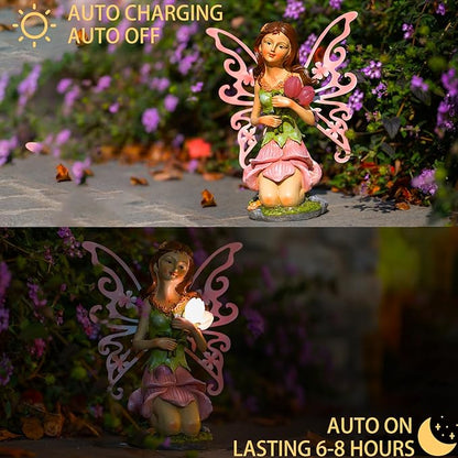 Suyorpe Fairy Decor, Solar Outdoor Statue, Accessories for Fairy Garden Gifts - Resin Figurine for Patio Yard Lawn, Size 8.35 x 4.92 x 10.82 inches