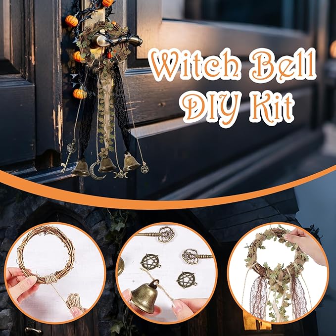 RENEMEGO 4 Set Bells for Door - DIY Witchcraft Supplies Kit Hanging Wind Chimes for Door Knob Wiccan Stuff Samhain Home Decor for House Bedroom Garden Wall Witch
