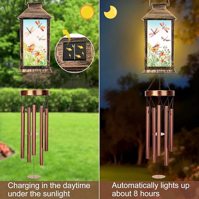 YHmall Wind Chimes for Outside, 37" Windchimes Outdoors Birthday Memorial Dragonfly Gifts for Women Mom Grandma, Hanging Solar Lantern Outdoor for Home Patio Yard Garden Decor