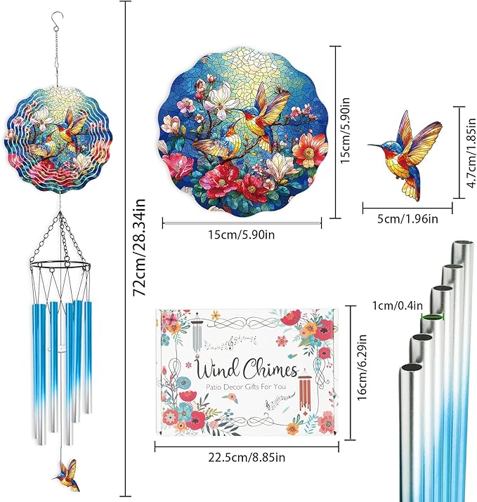 Hummingbird Wind Chimes for Outside - Hummingbird Wind Chimes with 3D Wind Spinners for Bird Lover, Hanging Art Ornament with Card for Indoors Room Home Wall Garden Patio Yard Porch Backyard