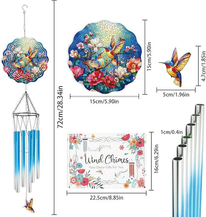 Hummingbird Wind Chimes for Outside - Hummingbird Wind Chimes with 3D Wind Spinners for Bird Lover, Hanging Art Ornament with Card for Indoors Room Home Wall Garden Patio Yard Porch Backyard