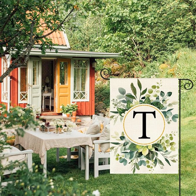 AVOIN colorlife Monogram Letter T Floral Garden Flag 12x18 Inch Double Sided Outside, Family Last Name Initial Yard Outdoor Decoration