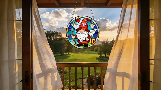 Funoasis Valentine's Day Stained Glass Suncatcher - 6.3 Inches Cupid Heart Gnome Ornament Window Hanging Decor for Home and Lover Gift