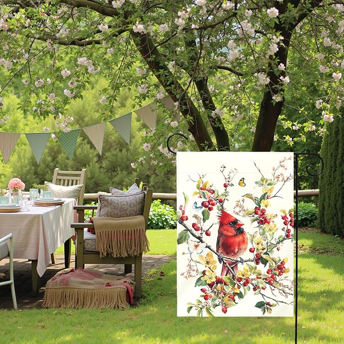 Red Cardinal Bird Garden Flag Spring Summer Floral Yard Flags for Outdoor Lawn Porch Patio Decoration Memorial Birds Lover Gift Butterfly Watercolor Wild Bird House Banner Decor 12x18 Inch