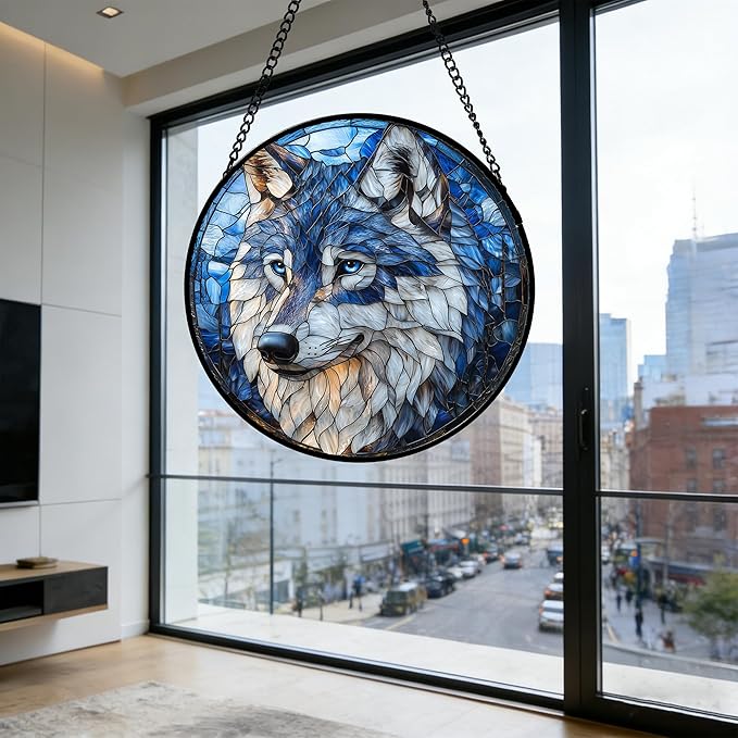 DASTOLL Stained Glass Window Hanging - Funny Wolf Suncatcher Ready to Hang Window Doors Home Decoration and Christmas, Mother's Day Birthday Gifts for Women, Men, and Mom 6.3x6.3 in