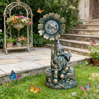 Solar Gnome Sculpture with Butterfly on Hand, Wood Base & Iron Flower Glass Ball for Outdoor Garden