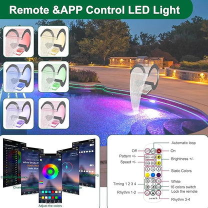LONGRUN J-Shaped Waterfall Spillway Acrylic Swimming Pool Fountain with Color Changing LED Light, Outdoor Pond Waterfalls Kit for Garden Patio Swimming Pool Koi Ponds Decoration -13.6" Height