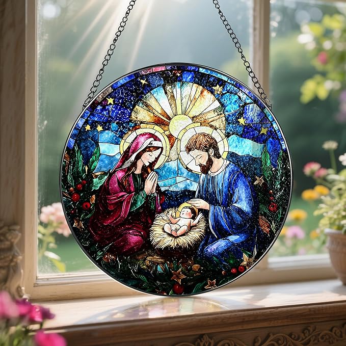 8-Inch Nativity Scene Stained Glass Suncatcher Ornament, Stained Glass Window Hanging & Nativity Religious Ornament, Christian Home Decor — Gifts for Christmas, Christian Gift, Religious Gift