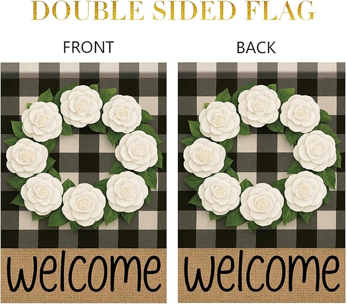 Buffalo Plaid Welcome Wreath Garden Flag White Camellia Flower Flag 12x 18 Inch Double Sided Spring Outdoor Fall Autumn Farmhouse Outdoor Small Decor for Porch Lawn Patio Yard