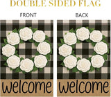 Buffalo Plaid Welcome Wreath Garden Flag White Camellia Flower Flag 12x 18 Inch Double Sided Spring Outdoor Fall Autumn Farmhouse Outdoor Small Decor for Porch Lawn Patio Yard