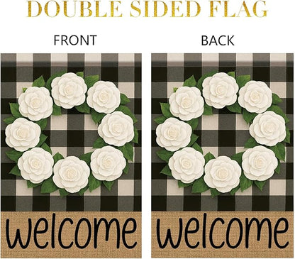 Buffalo Plaid Welcome Wreath Garden Flag White Camellia Flower Flag 12x 18 Inch Double Sided Spring Outdoor Fall Autumn Farmhouse Outdoor Small Decor for Porch Lawn Patio Yard