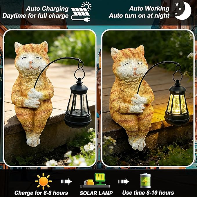 Teaeeno Cat Outdoor Statues for Garden Outside Decor with Solar Lantern Clearance for Yard Art Lawn Ornaments Porch Patio Balcony Home House for Grandma Mom Women