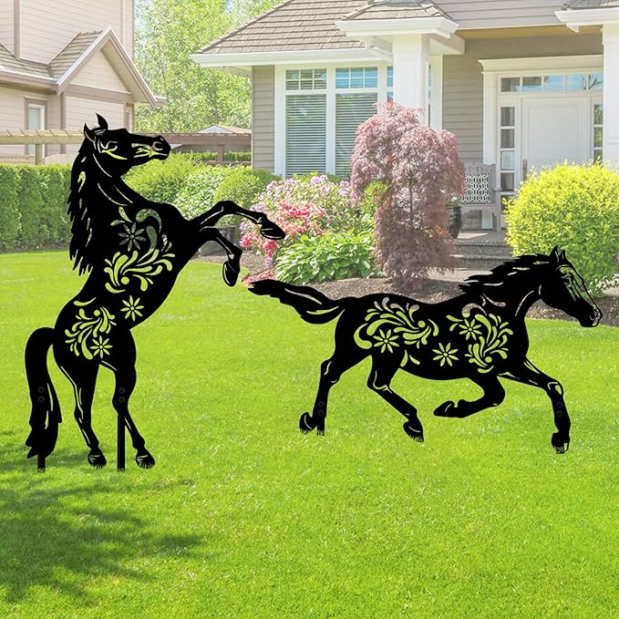 2 Pcs Year of The Horse Metal Garden Stakes, Running & Jumping Horse Silhouette Yard Art, Outdoor Lawn Patio Decor for Lunar New Year Rustic Metal Yard Stakes for Garden Pathway Farm Decor