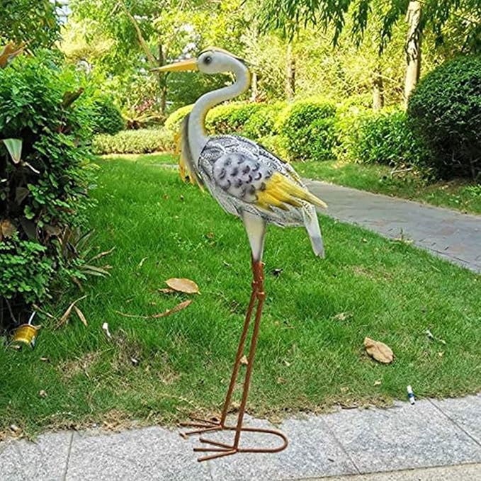 Garden Ornament Sculpture - Solar Powered Metal Garden Animal Statues, Hand Painted Solar Metal Heron, Decorative Bird Sculpture, Lawn Decor