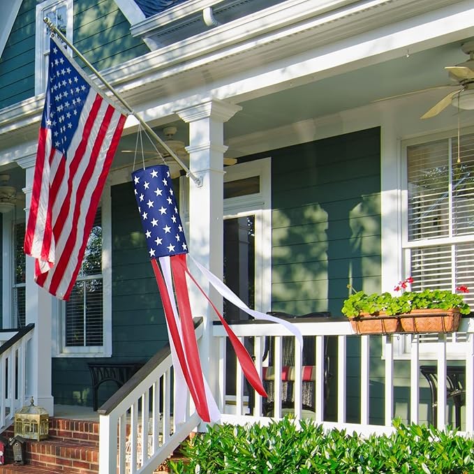 2 Pack American Flag Windsock, 40 Inch USA 4th of July Decorations Outdoor, Fade Resistant Stars & Stripes Patriotic Decor, Red White and Blue Wind Socks for Outside Memorial Day Yard Garden Decor