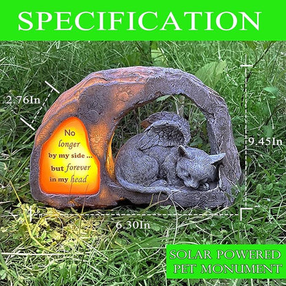 Banax Solar Powered Cat Angel Pet Memorial Tombstone Statue, Cat Angel Memorial Statue Commemorates Our Lost Fur Baby, Pet Tribute for Tombstone or Outdoor Backyard Garden