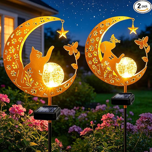 ZNYCYE Solar Garden Decor Outdoor Statue, 2 Pack Moon Fairy Garden Figurines with Cat&Dog Design Birthday Gifts for Mom Women Grandma Solar Stake Lights for Patio, Yard, Lawn, Pathway (Warm White)