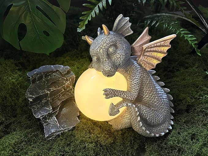 Teaeeno Solar Garden Outdoor Statue Dragon Holding Magic Orb with Solar LED Lights,Garden Dragon Figurines with LED Lights,Lawn Decor Outdoor Statue for Patio, Balcony,Yard Ornament,Yard Art Decor