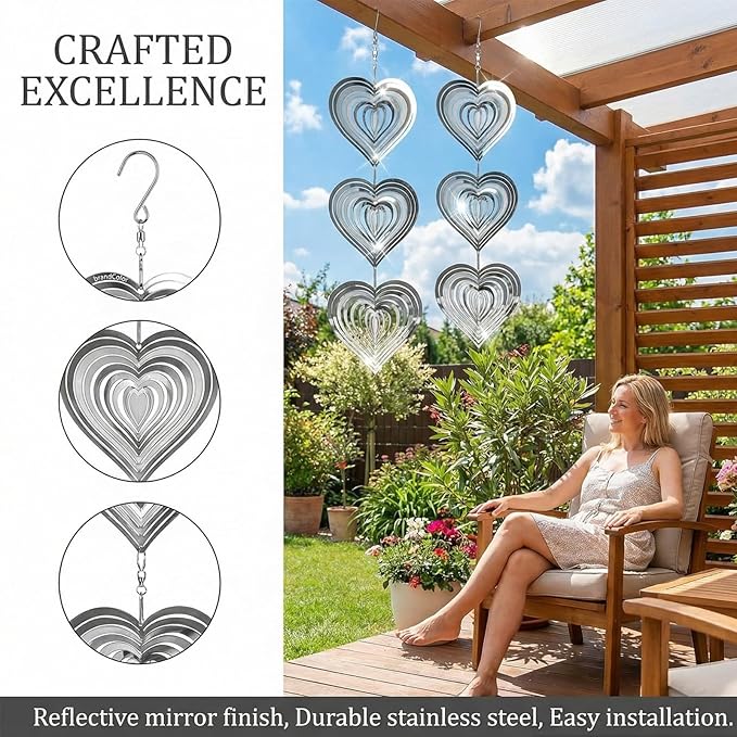 12PCS Stainless Steel Bird Deterrent Wind Spinners for Outside – Reflective Outdoor Bird Repellent Hanging Ornaments, Humane Pigeon Scarer for Yard Garden, Balcony, Patio, Roof & Window (12, Heart)