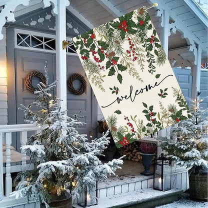 Baccessor Christmas House Flag 28x40 Inch Double Sided Poinsettia Holly Red Berries Floral Welcome Winter Lage Garden Flag Farmhouse Vintage Outside Outdoor Yard Holiday Decoration