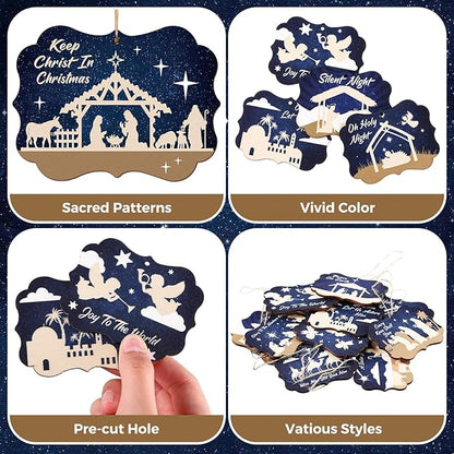 Soaoo 60 Pcs Nativity Scene Christmas Tree Ornament Christian Religious Ornaments Bulk Round Nativity Xmas Tree Hanging Wooden Decorations for Garden Yard Outdoor Home (Square Style)